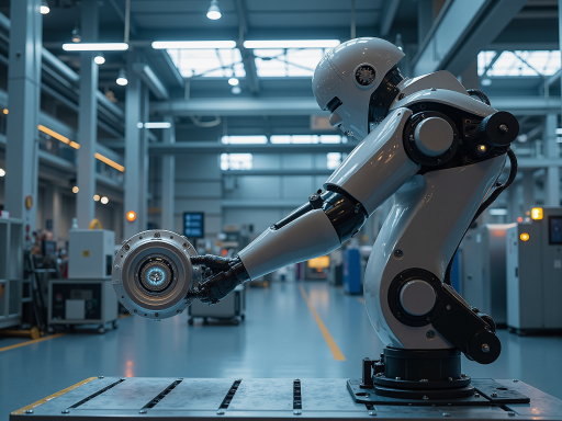 现代化智能工厂概念图,机器人和工人协同作业,科技感十足